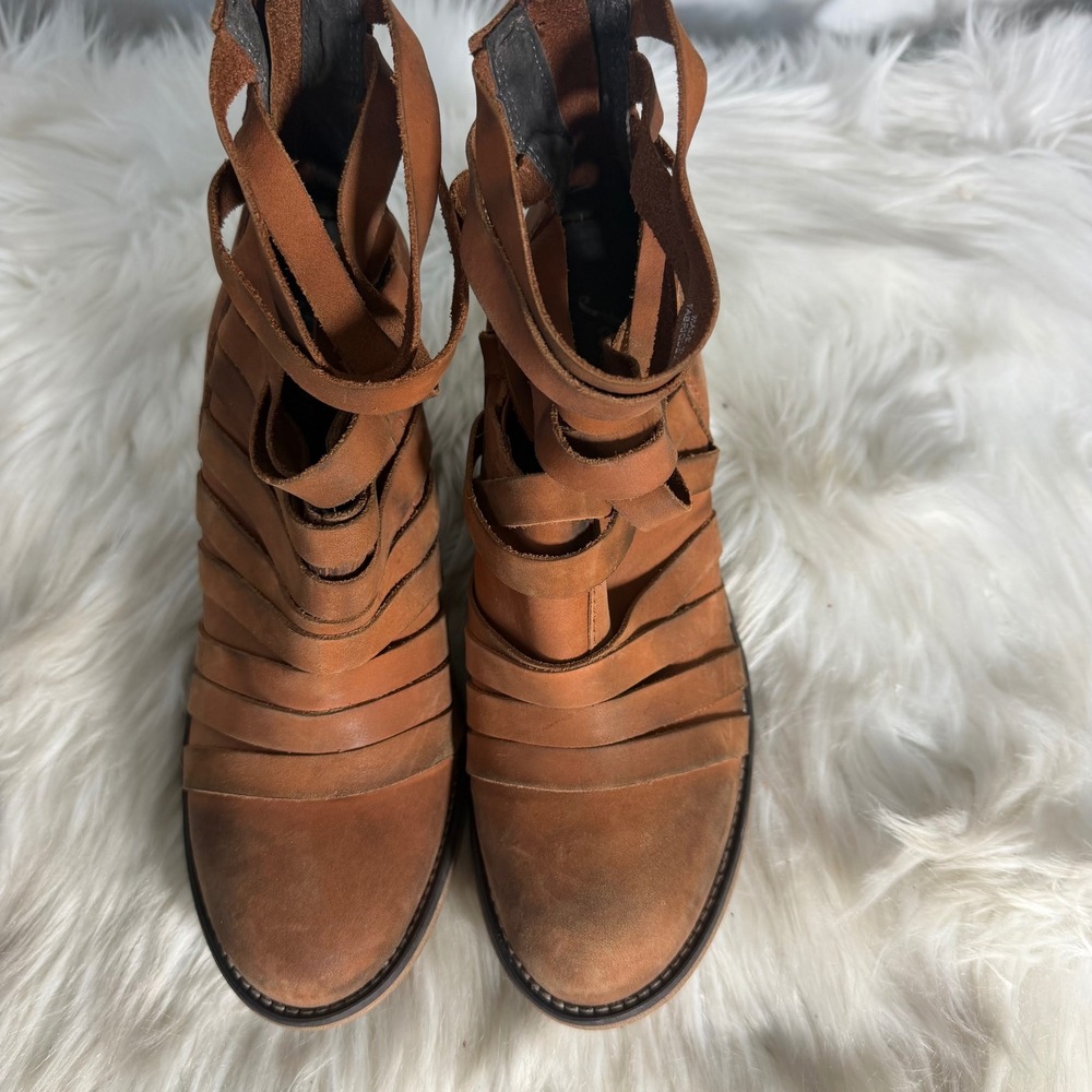 Free People Joe Tan Leather Strappy Block Heel Ankle Boots Brown Boho Zip Back - Picture 3 of 12